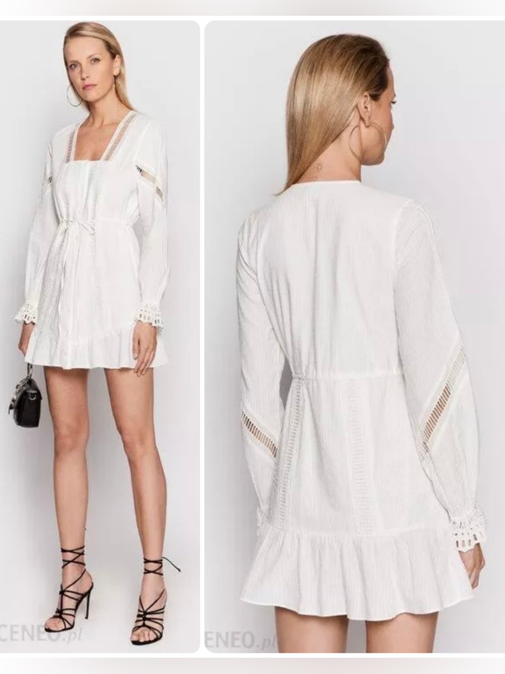The Kooples White Cotton Lace-Trim Long Sleeve Cinch Waist Mini Dress Nwt $415